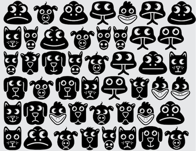 A black and white pattern of dogs with different faces.