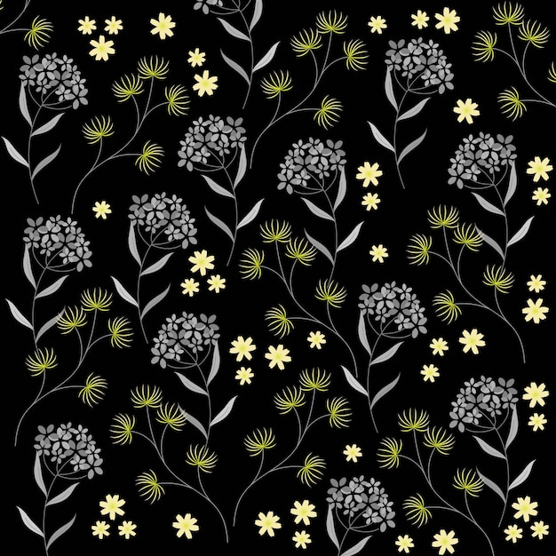 Vector a black and white pattern of flowers on a black background.