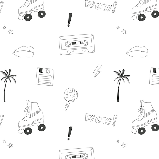 Black and white pattern in the style of the 80s and 90s with elements and objects of the past