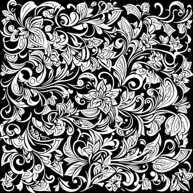 A black and white pattern with flowers.