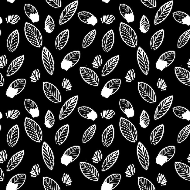 Modello in bianco e nero con foglie. modello botanico senza cuciture in stile scandinavo. foglie bianche su sfondo nero. design minimalista e moderno. illustrazione vettoriale