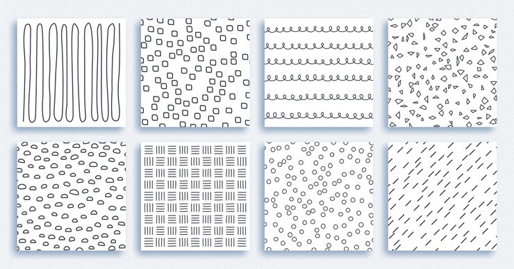 Black and white patterns are done with brushes Striped round and dotted ornaments