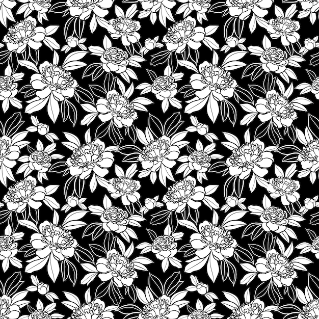 Vector black and white peony floral pattern vector