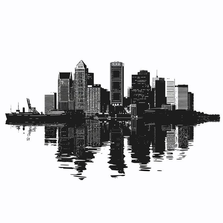 Vector a black and white photo of a city skyline with a boat in the water