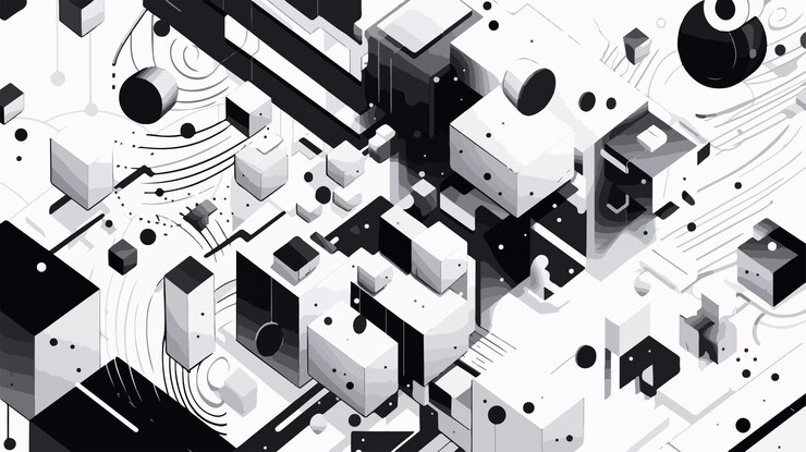 Vector a black and white photo of a complex geometric design with a lot of squares