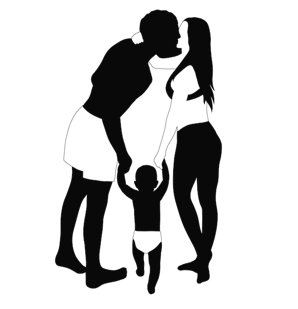 A black and white photo of a family kissing their baby.