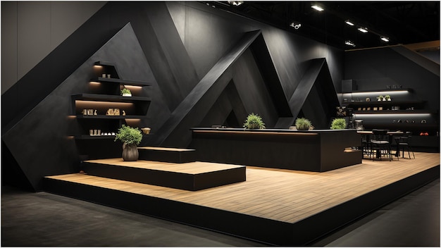 a black and white photo of a restaurant with a black and white staircase