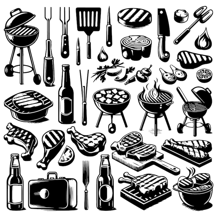 Vector a black and white photo of a variety of kitchen utensils