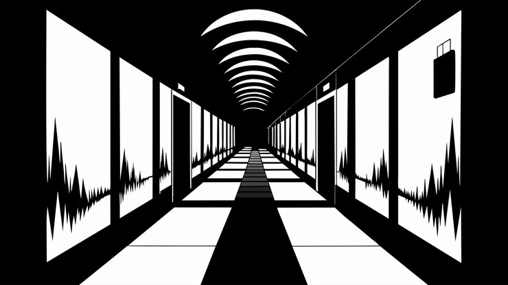 Vector a black and white photograph of a deserted hallway with sound waves painted on the walls symbolizing