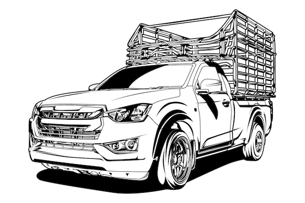 Black and white pickup truck with a large roof rack