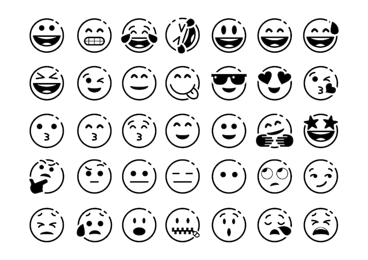 A black and white picture of a group of emoticons.