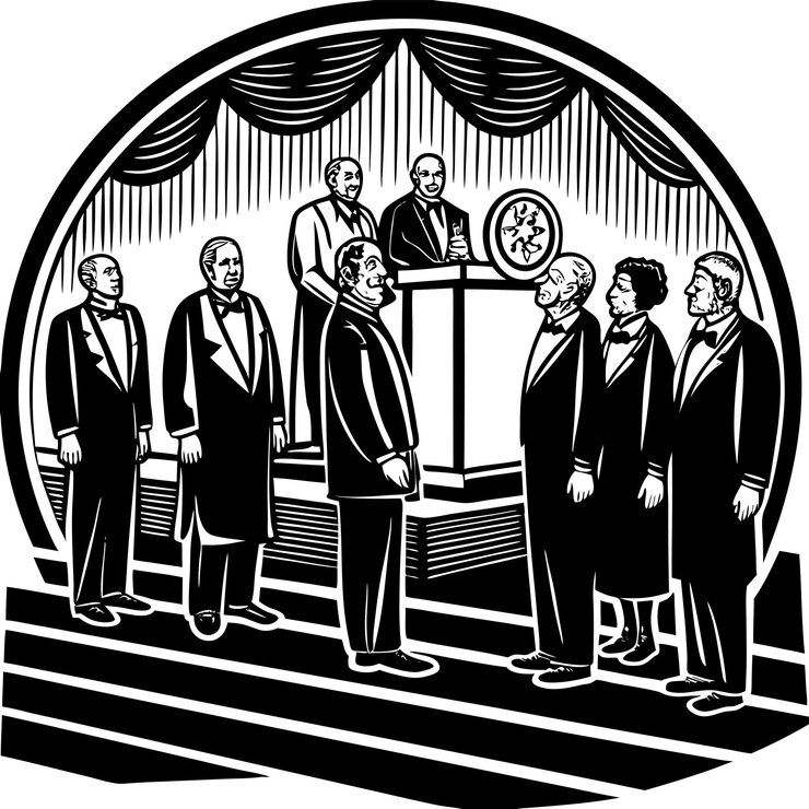 Vector a black and white picture of a group of men standing in front of a podium