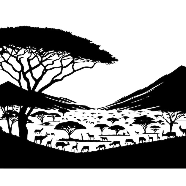 Vector a black and white picture of a landscape with trees and mountains in the background