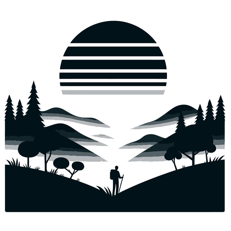Vector a black and white picture of a landscape with trees and mountains