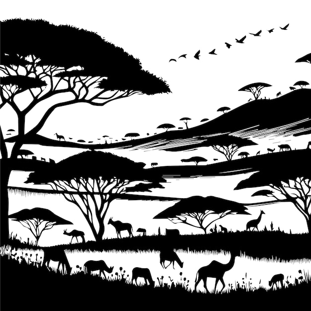 Vector a black and white picture of a safari with animals and trees