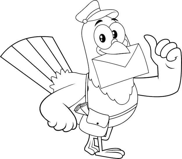 Personaggio dei cartoni animati di uccello del piccione bianco e nero che consegna la lettera e che dà i pollici in su. illustrazione isolato su sfondo bianco