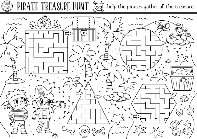 Black and white pirate maze for kids Treasure hunt line preschool printable activity with cute kids gathering treasures Sea adventures geometrical shapes labyrinth puzzle or coloring pagexA