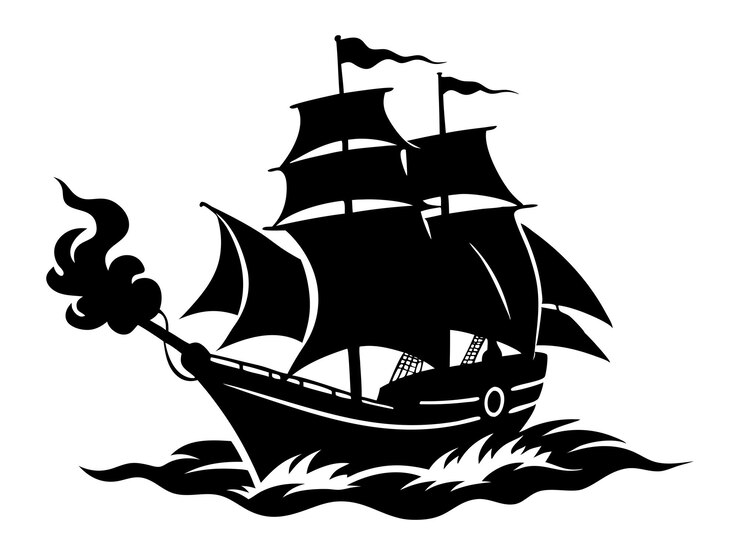 Vector black and white pirate ship silhouette illustration classic sailing vessel for nautical adventure and pirate art