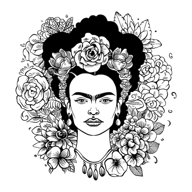 メキシコ人芸術家フリーダ・カーロの白黒の肖像画女性の顔のラインアートイラスト