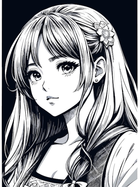 Premium Vector  A black and white poster of a anime girl with flowers in  her hair