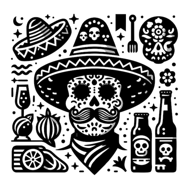 A black and white poster with a mexican mexican hat and a sombrero