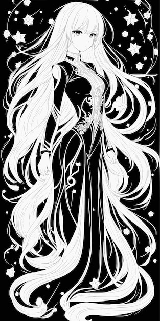 Vector a black and white poster of a woman with long hair and a long white hair.