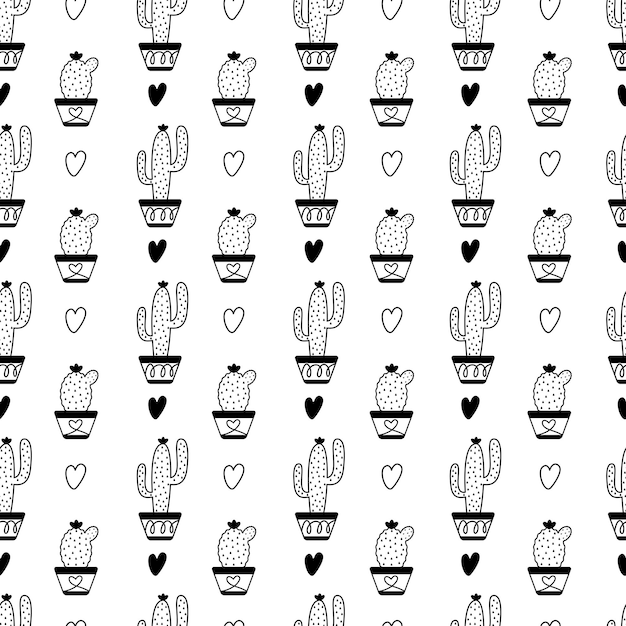 Vector black and white potted cactus doodle seamless pattern