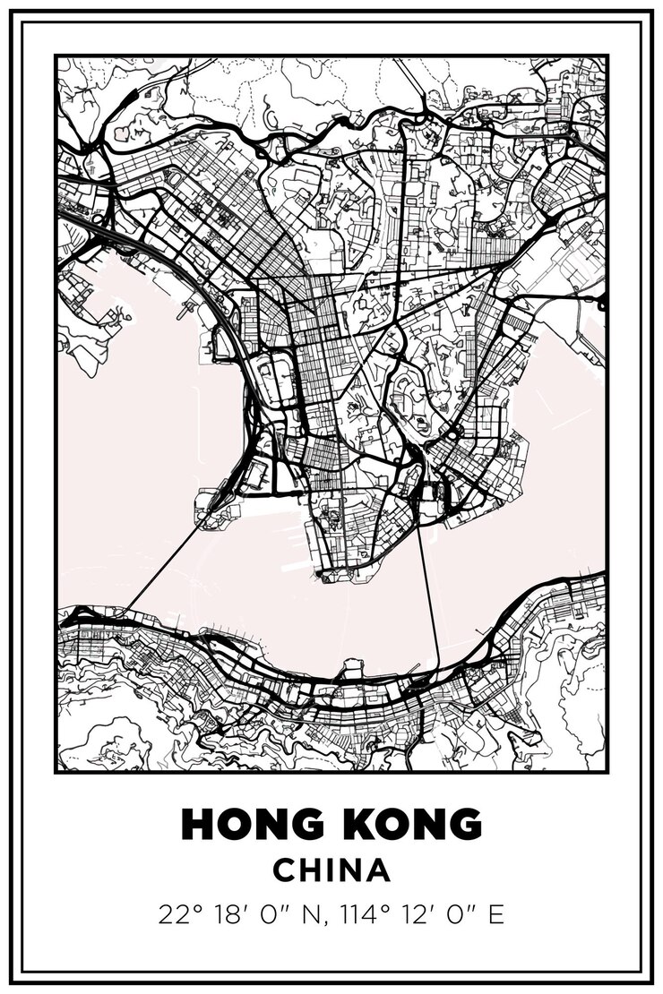 Vector black and white printable street map art hong kong city china travel poster with coordinates