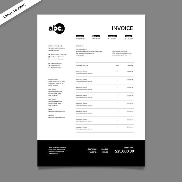 黒と白のプロフェッショナル請求書テンプレート