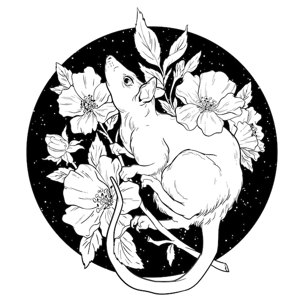 Black and white rat with flowers Vector Illustration