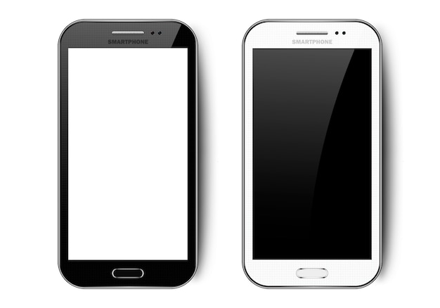 Vettore smartphone realistico in bianco e nero con ombra, fotocamera, pulsante e bagliore, modello di cellulare con schermo vuoto