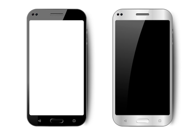 Vettore smartphone realistico in bianco e nero con ombra, fotocamera e bagliore, telefono cellulare