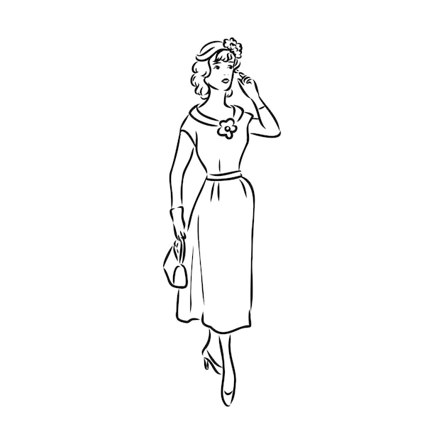 black and white retro fashion model in sketch style hand drawn vector illustration