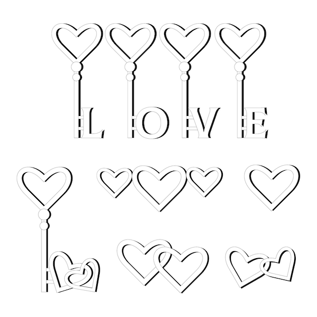 Black and white romantic set of individual elements keys with letters LOVE various combinations of hearts