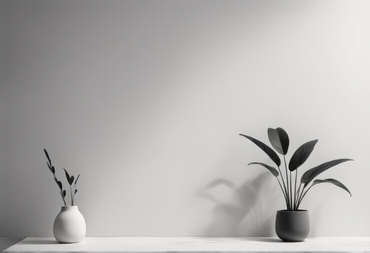 Vector black and white room interior with plant vase plant lamp wall and vase on background home