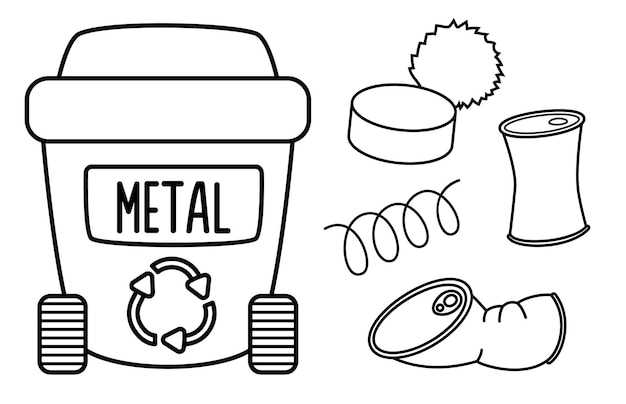 Black and white rubbish bin for metal waste with different garbage Waste recycling and sorting concept or coloring page Vector trash container and litter illustration Ecological line set