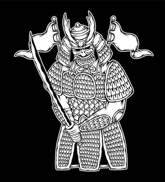 Illustrazione di guerriero samurai bianco nero. vettore premium