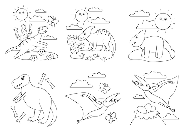 Black and white scenes set with cute dinosaurs Illustration with dinos playing flying running Funny prehistoric reptiles illustration or coloring page for childrenxA