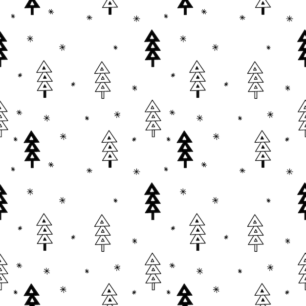 Black and white seamless New Year's Eve pattern with Christmas trees and snowflakes