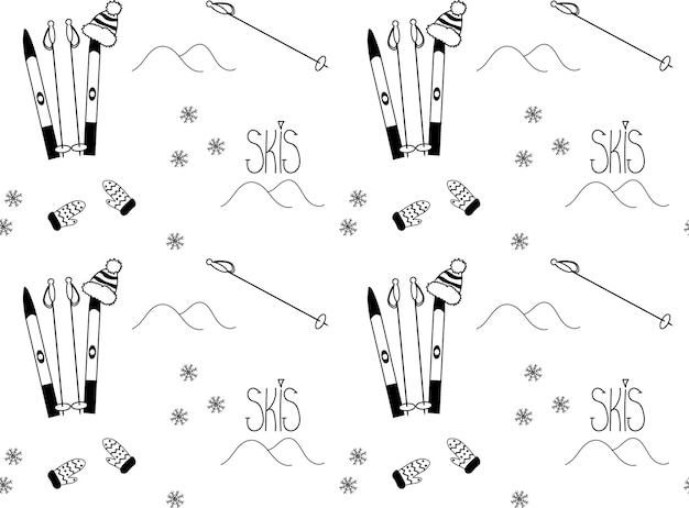 black and white seamless pattern winter sports skiing snowflakes and mountains