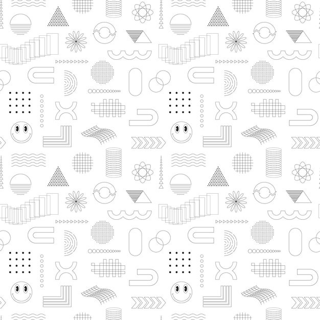 Black and white seamless pattern with abstract geometric linear outline shapes Smiling face circles rectangles Brutalism retro futurism style inspired For web covers textile Vector backdrop