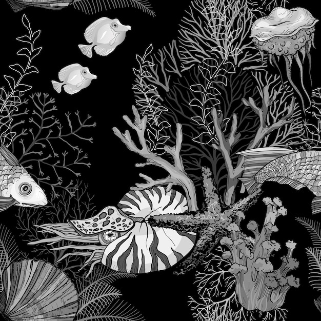 Black and white Seamless pattern with dark ocean night hand drawn marine life