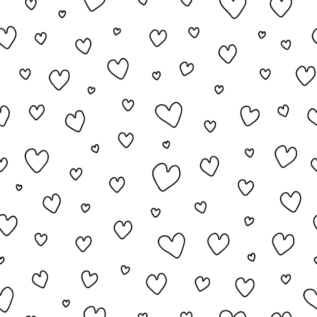 black and white seamless pattern with doodle outline hearts