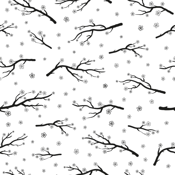 Vector black and white seamless pattern with sakura or cherry blooming branches