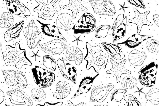 Black and white seamless pattern with seashells