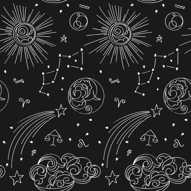 Vector black and white seamless pattern with stylized clouds sun and moon vector