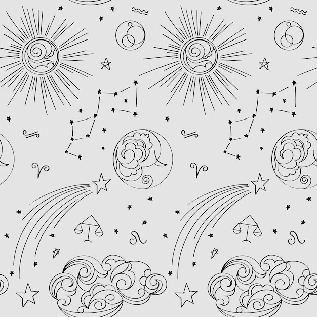 Vector black and white seamless pattern with stylized clouds sun and moon vector