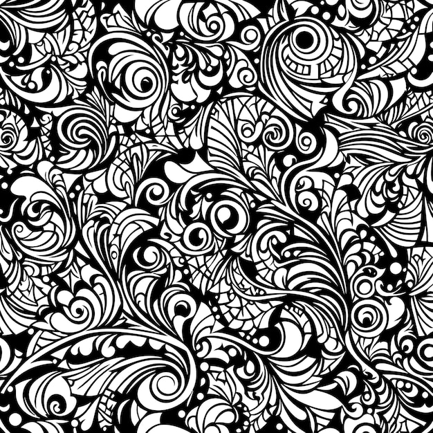 A black and white seamless pattern with swirls and flowers.