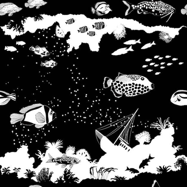 Black and white seamless vector pattern with fish and corals