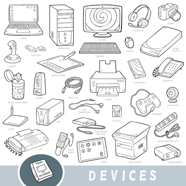 Black and white set of computer devices visual dictionary for children about computer technology